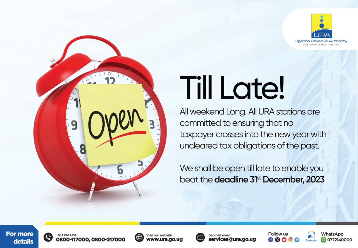 Before the Fire Works tonight, 

Let's first Fire 🔥 away Penalties And Interests after paying our Principal tax as at June 30th & enter 2024 as KINGS.

Our @URAuganda offices are open right now country wide. GO and File them.

@SRKimbugwe ][ @IBbossa
#URATaxWaiver 
#URATickTock
