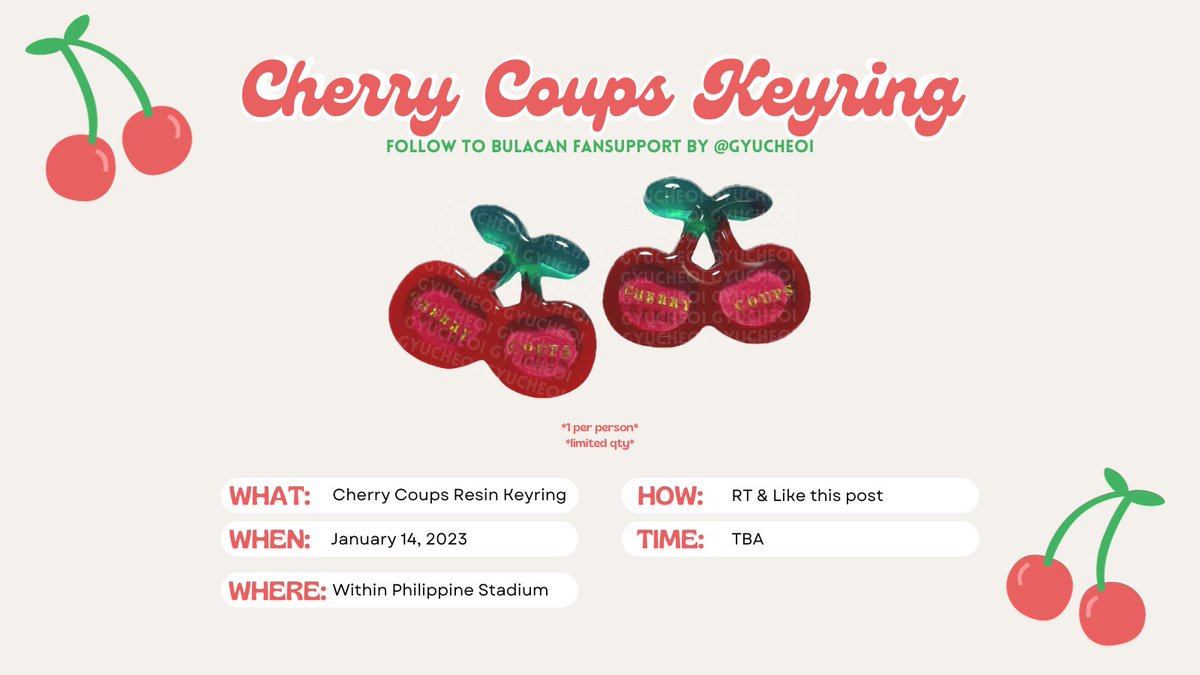 🍒 #scoups cherry resin keychain giveaway for #FOLLOWtoBulacan #SVT_TOUR_FOLLOW🍒

〰️ first come first served basis
〰️ strictly 1 keyring per person
〰️ limited quantity!
〰️ actual item may differ from photo

 #scoups #seungcheol #에스쿱스 #승철 #FOLLOWTour #SeventeeninBulacan