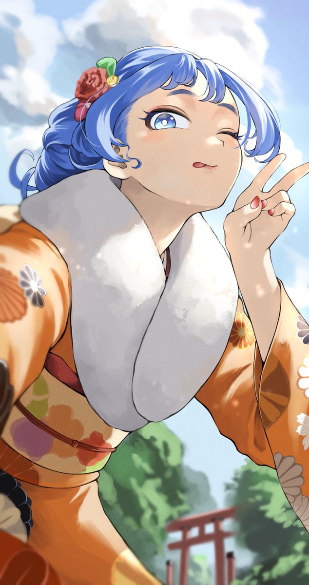 hadou nejire 1girl japanese clothes solo one eye closed kimono blue eyes blue hair  illustration images