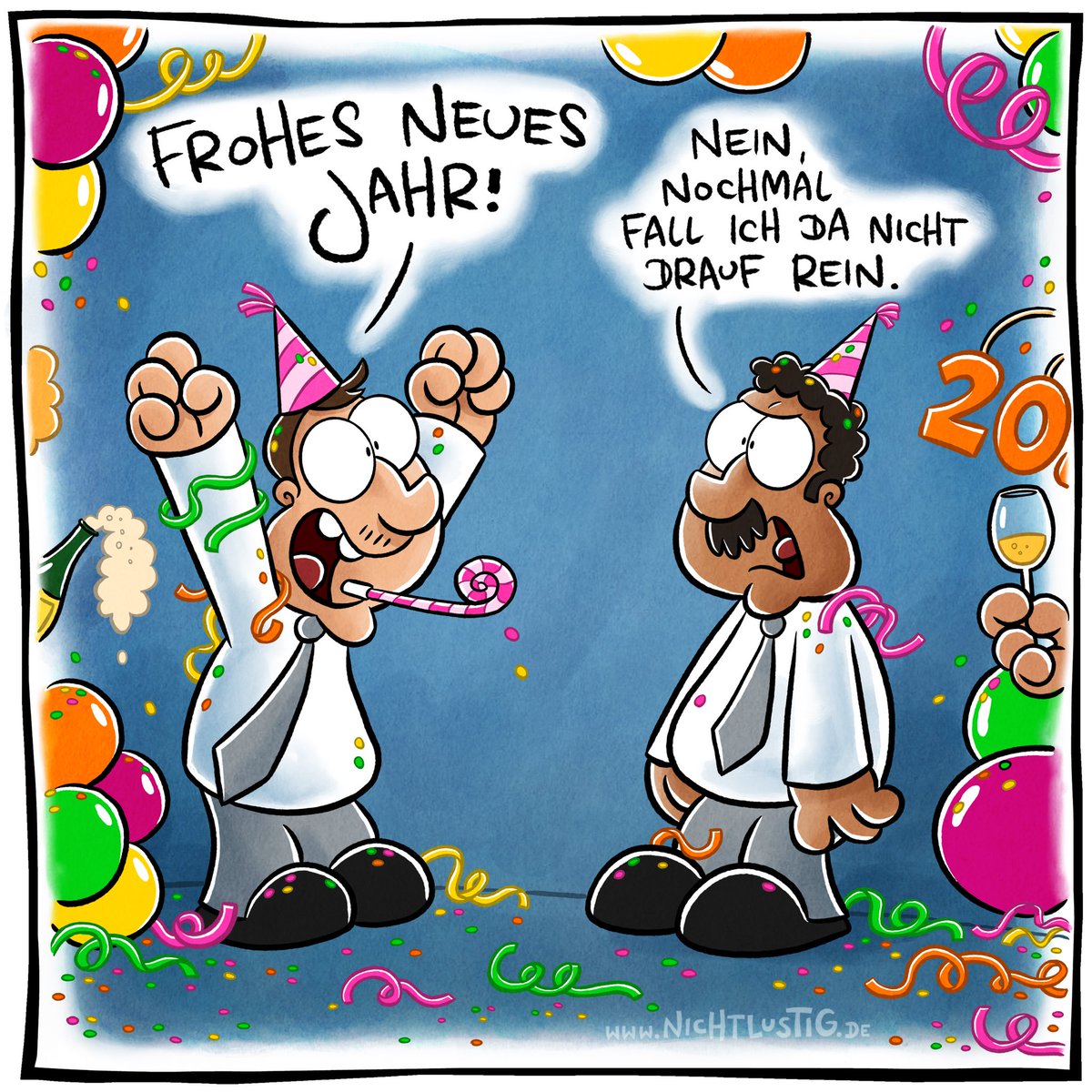 🎉 Vorsicht! Heute Nacht sind wieder jede Menge Betrüger unterwegs. Das frohe neue Bonus-Panel kann man hier angucken: joscha.com/nichtlustig/23… Kommt gut rüber!