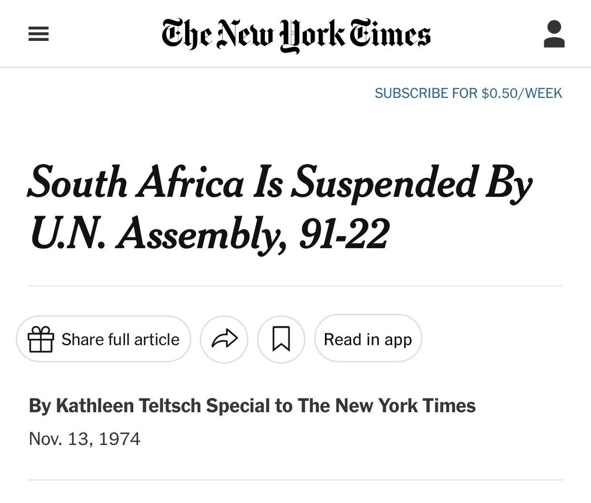 1/2 The UN General Assembly should suspend Israel like they suspended Apartheid South Africa in 1974. At the time the US unsuccessfully challenged the ruling, which was also opposed by Britain. There is a precedent. It can and should be done.