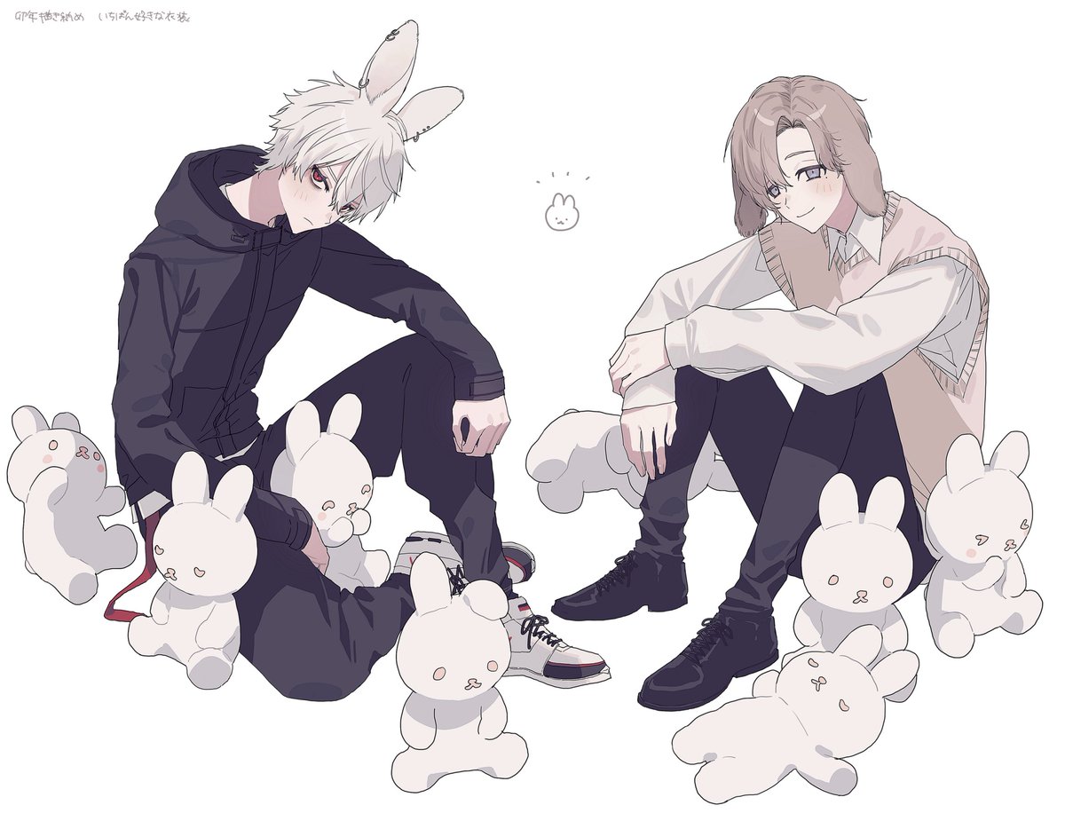 kanae (nijisanji) ,kuzuha (nijisanji) multiple boys 2boys animal ears rabbit ears male focus hood brown hair  illustration images