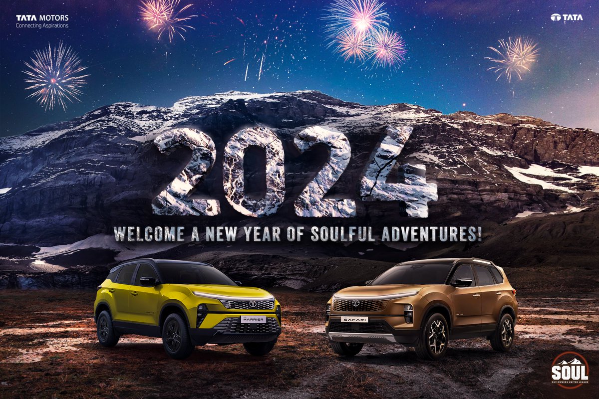 TataMotors_Cars's tweet image. Let&apos;s welcome a new year full of adventures and thrilling drives!​
​
Happy SOULful New Year – 2024!​
​
#DriveWithSOUL #ConnectWithSOUL #Safari #TataSafari #ReclaimYourLife #Harrier #TataHarrier #WeAreWarriorsWeAreHarriers #TataMotorsPassengerVehicles