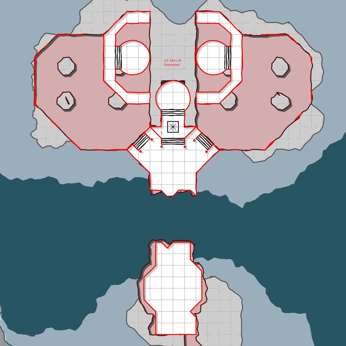 #dungeon23 
23-364 Lift (Separated)

With every step on these sacred floors,
Hearts will skip, when tension soars.
And atop the altars on the three cairn mounds, 
lays a granite brow, fit for three golden crowns.