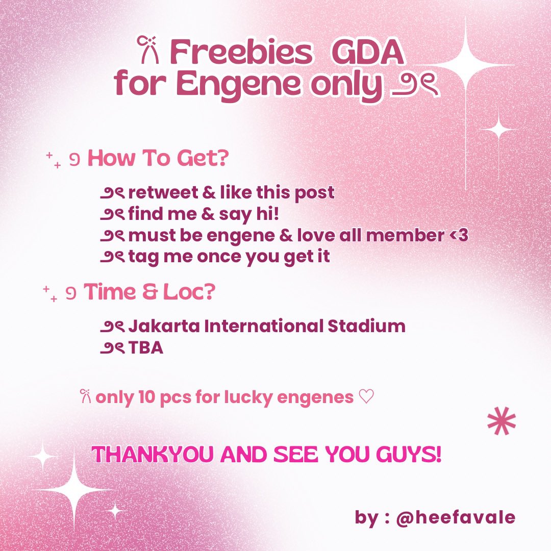 ₊ 𖢷 FREEBIES GDA IN JAKARTA ౨ৎ

⁺₊ ໑ by : <a href="/heefavale/">ale</a>

͏ ͏ ͏ ͏ ͏ ͏      𖢷 for engene only 🦦

͏            𖦹 retweet &amp; like
͏            𖦹 find me and say hi
͏            𖦹 tag me once you get it

see you ‹𝟹