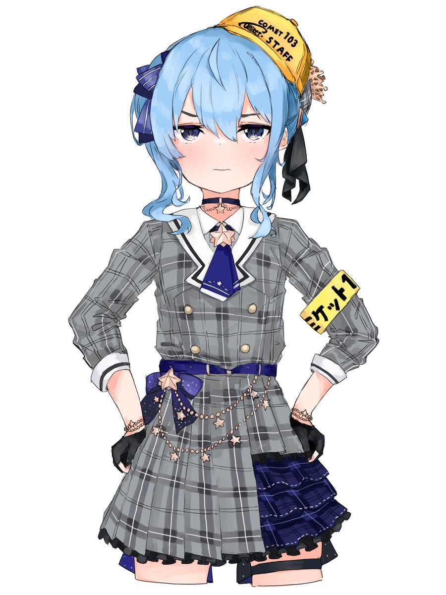 hoshimachi suisei ,hoshimachi suisei (1st costume) 1girl solo blue hair gloves blue eyes plaid side ponytail  illustration images