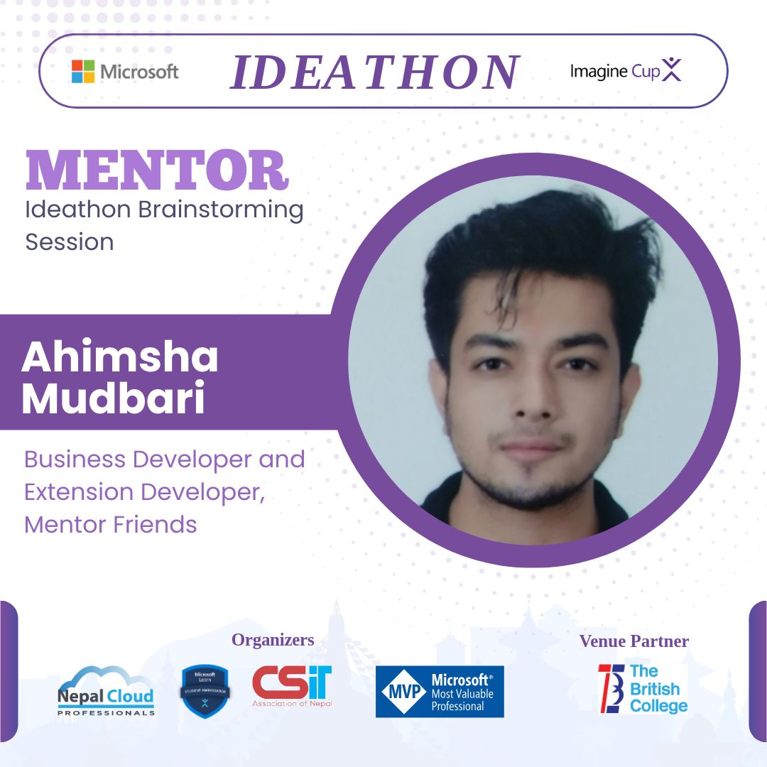 NepalCloudP's tweet photo. Thank you #Mentors!
Lucky to have you as mentors joining us to share your expertise and insights. Don't miss out on any #mentorship opportunities to ask them questions, connect with them, and get valuable advice for your projects. #ImagineCup #ImagineCupNepal #NepalCloudPro https://t.co/mCYMfBEtZU