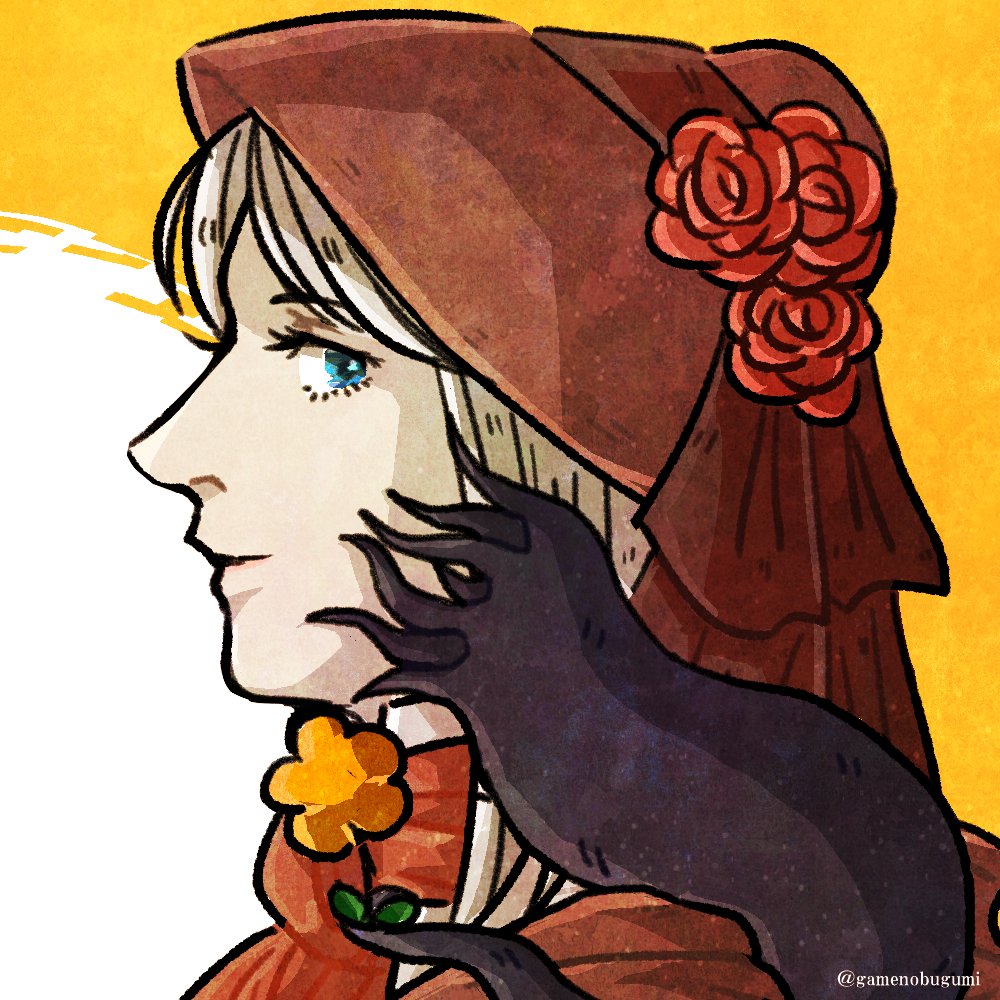 1girl flower blue eyes bonnet solo profile red flower  illustration images