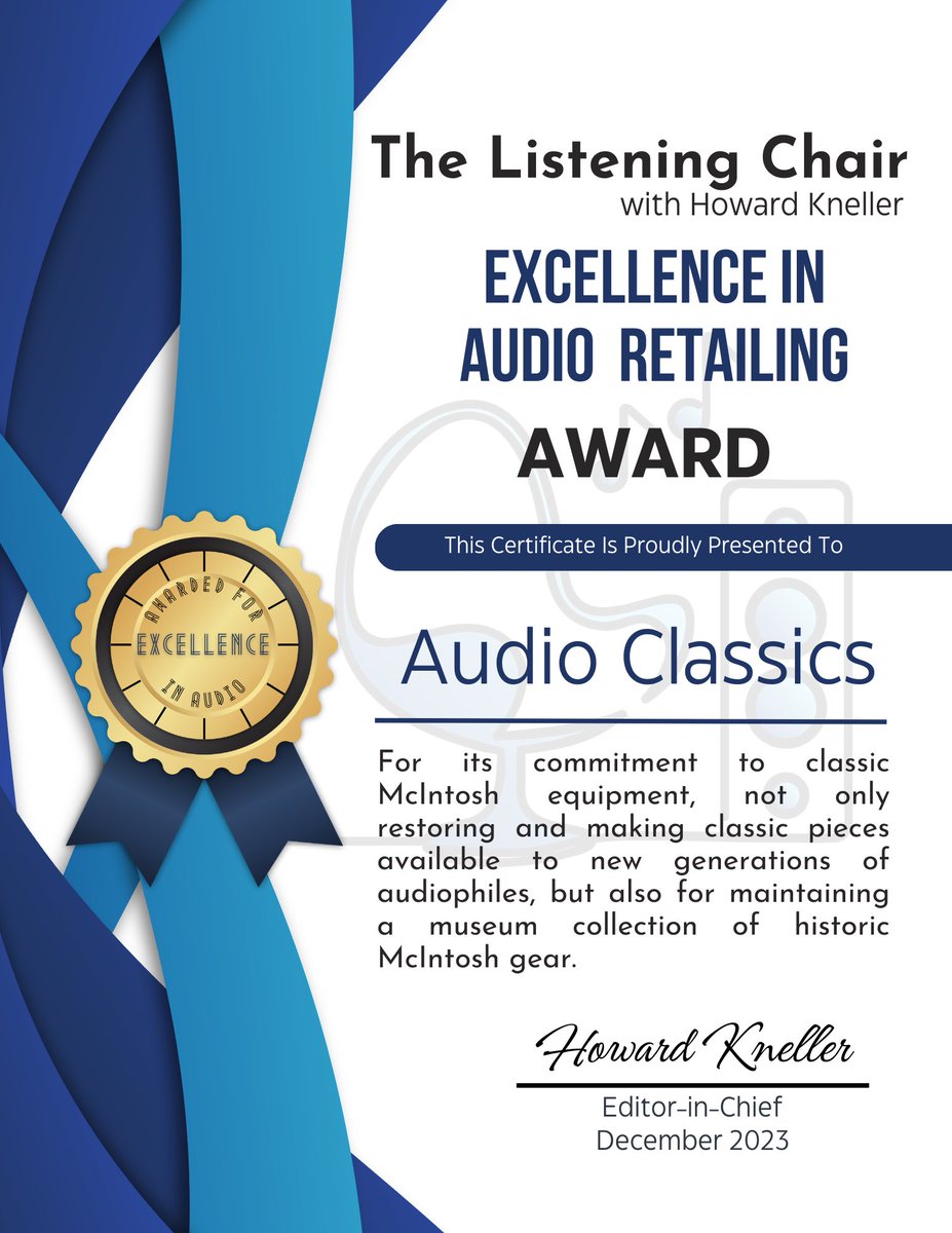 The Listening Chair is proud to give out our first award for excellence in audio retailing. Congratulations to Audio Classics in Vestal, New York! audioclassics.com #hifi #audiophile #audiophiles #audio