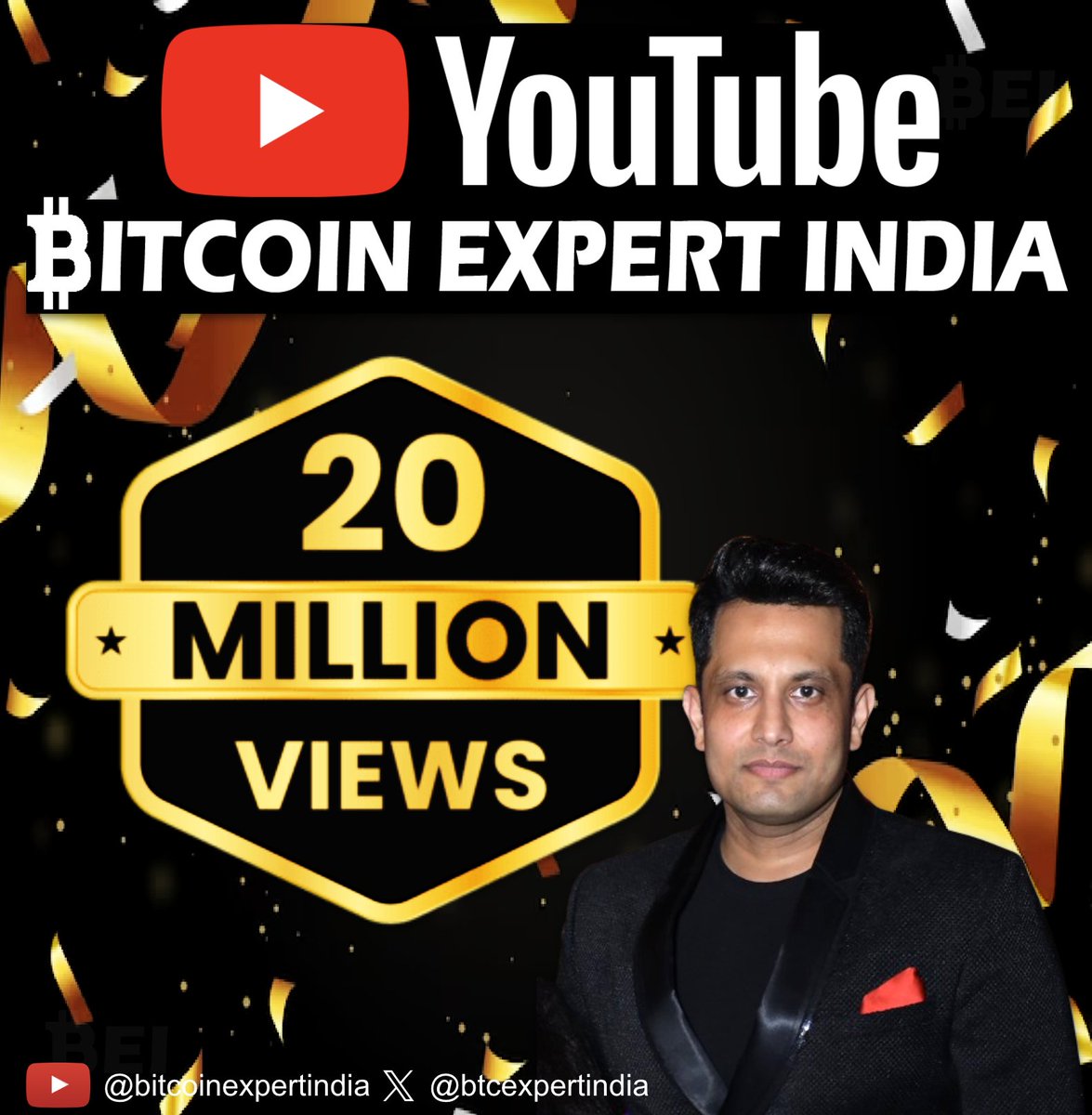 Btcexpertindia's tweet photo. ✨ What a fantastic way to end this year ! 
Today, we've achieved a new milestone of 20 million views on our Bitcoin Expert India YouTube channel. It wouldn't have been possible without the support of you all. Thank you for your love &amp; support.
#20MillionViews @pankjtanwar #BEI https://t.co/77iEWXc4H8