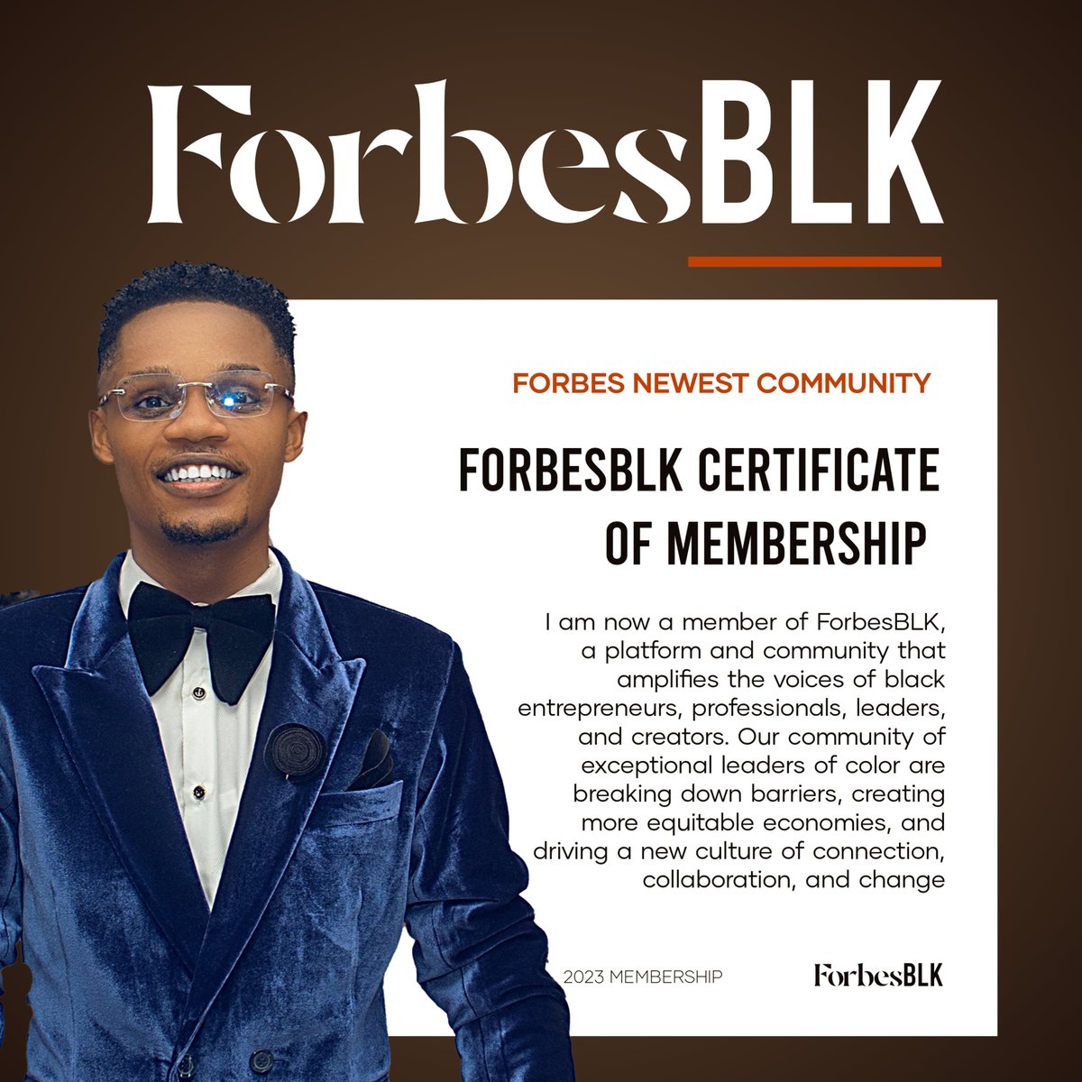 princewisdom_'s tweet photo. There is no better way than ending #2023 with this amazing feat 😍
I am super excited to share I have been accepted by the @ForbesBLK COMMUNITY!
Thank you @ForbesBLK for providing this platform to amplify the voices of Black Entrepreneurs.
#ForbesBLK #Princewisdom #forbes https://t.co/gQVj8t6YN5