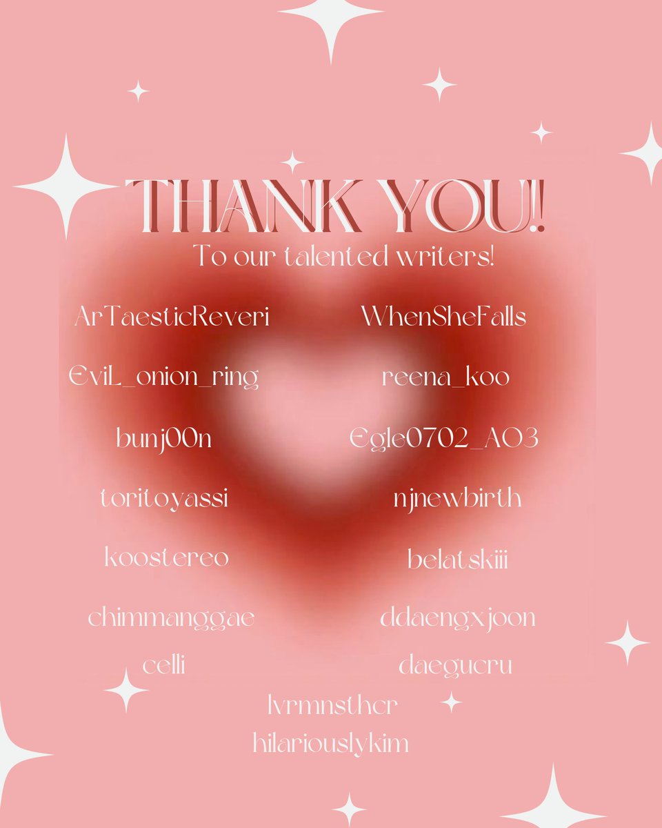 namkoofest's tweet photo. a BIG THANK YOU to all our wonderful writers for participating in the fest! ♥️ please check out their works in our collection and leave lots of love 💖

happy new year’s, everyone 🎉🎉 https://t.co/Q59yF6AsU4