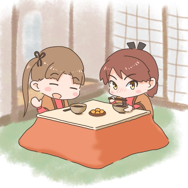ayanami (kancolle) ,shikinami (kancolle) kotatsu table 2girls multiple girls brown hair bowl food  illustration images