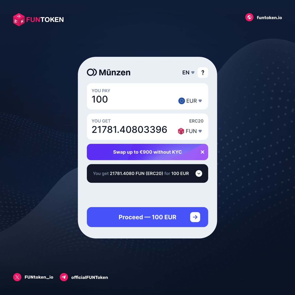 FUNtoken_io's tweet image. 🔄 Dive into the FUNToken universe with @derMunzen. Effortless fiat to crypto conversion for your $FUN needs: munzen.io #Münzen #CryptoConversion #FUNToken