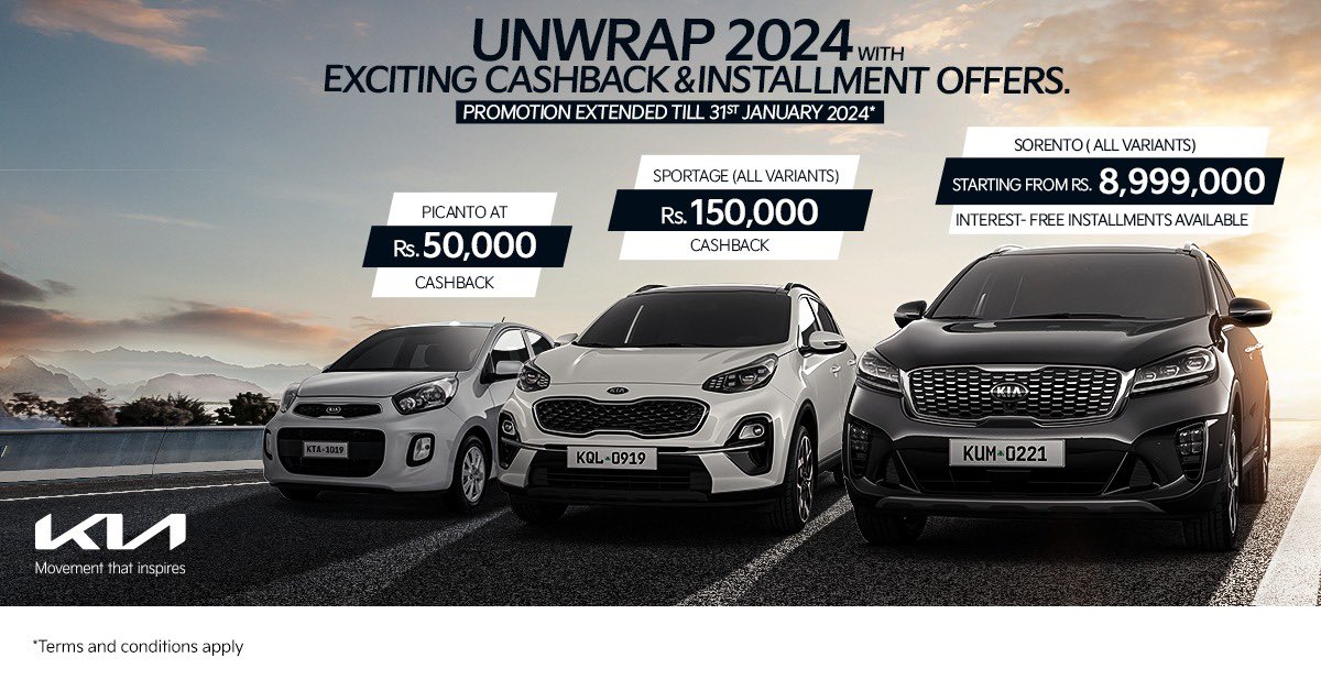 KiaMotorsPK's tweet image. Step into 2024 with exciting cashback deals on Kia Picanto and Kia Sportage, as well as easy monthly installment options on Kia Sorento. This limited time offer is extended till 31st January 2024. Book yours today.
Terms and conditions apply.
#Kia #MovementThatInspires