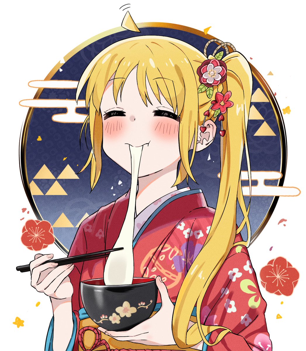 ijichi nijika 1girl blonde hair solo japanese clothes kimono holding side ponytail  illustration images