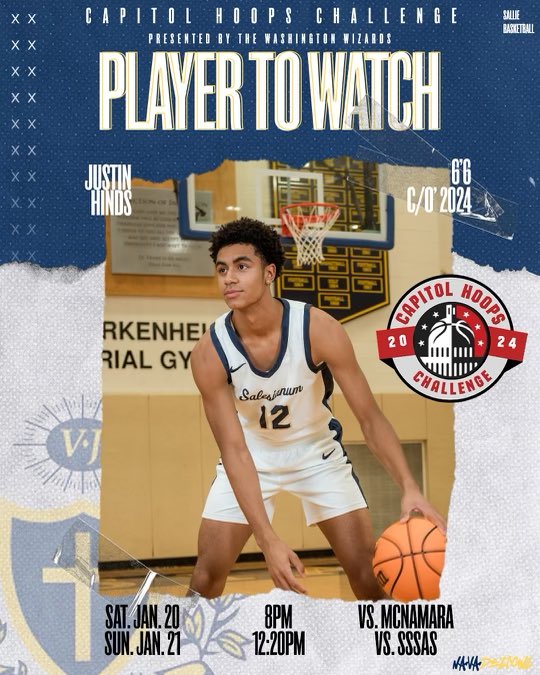 Capitol Hoops welcomes Delaware defending state champions Salesianum led by Justin Hinds to the 2024 Capitol Hoops Challenge presented by the Washington Wizards at South Lakes High School on 1/20. 

The Sallies take on McNamara in an 8pm primetime showdown Saturday night and then