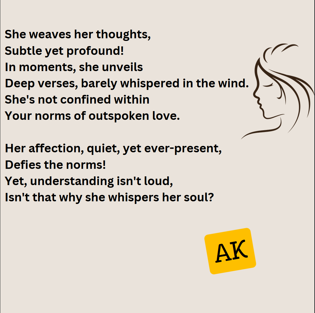 AK_Aspire's tweet photo. A glance,
Soft as morning dew…
A journey from light to deep,
Today, her eyes mirror
A tale untold…
As her heart unfolds,
I trace her emotions in a smile
Yet I can't capture the essence!
Feelings can't be defined,
Her spirit, a mystery unbound…

#30SecPoet https://t.co/t5H8blzZKJ