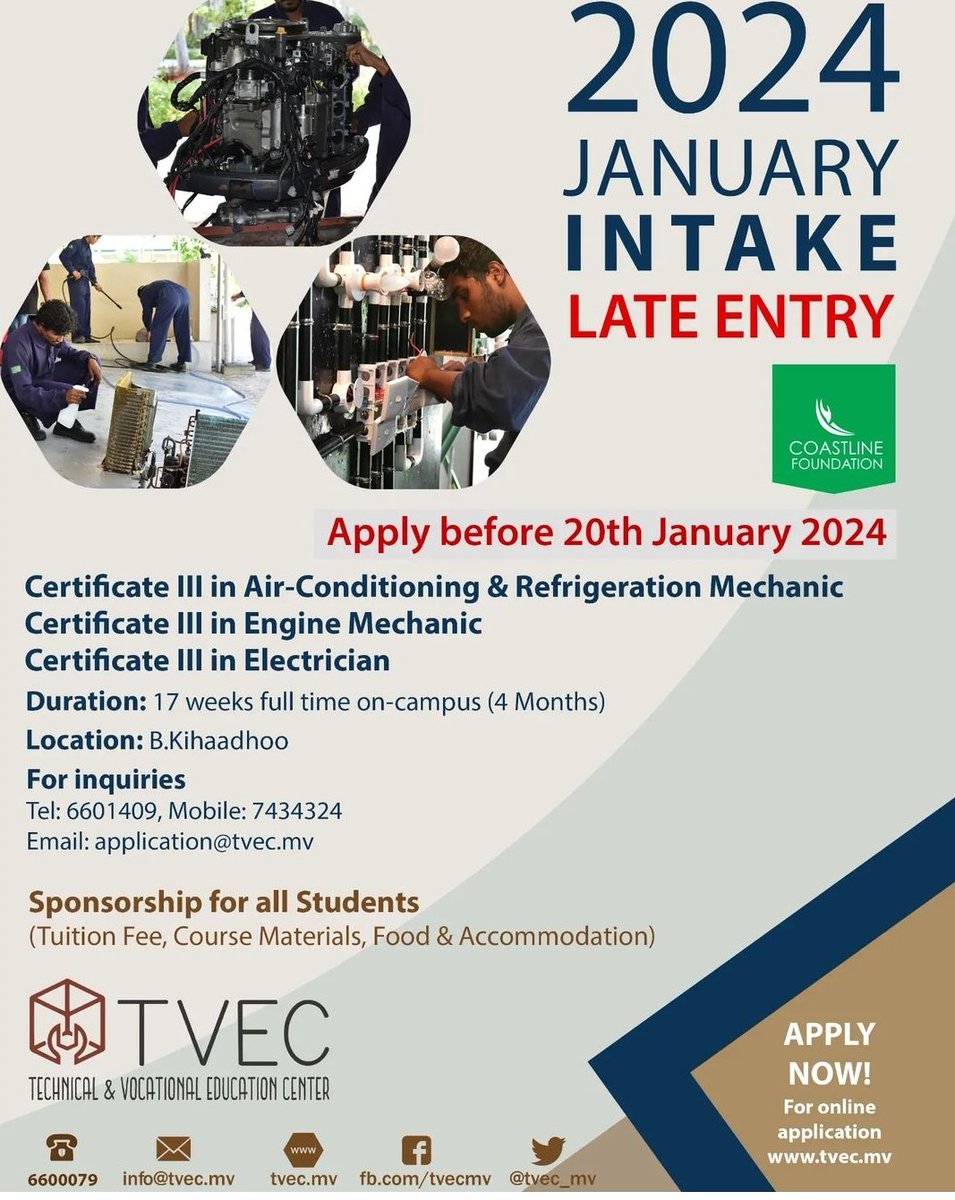 Certificate level 3 programmes starting on Jan 2024. Applications open till 20th Jan 2024.
Apply through tvec.mv
Grab this 100% scholarship opportunity in #tvet
<a href="/CoastlineFndn/">Coastline Foundation</a>