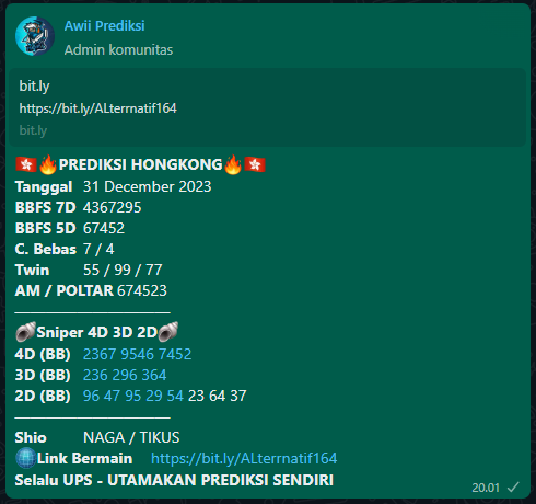 AwiPrediksi's tweet photo. Angka Paten HONGKONG Bossku semoga di SAH kan bandoot , jangan lupa di kolepp kembali dengan angka bossku 🤝🤝🔥 SALAM HORMAT BOSSKU

Gabung prediksi Awii lengkap dan gratis di wa:
📲 0813-2039-2590 https://t.co/fLmYqbKCSA