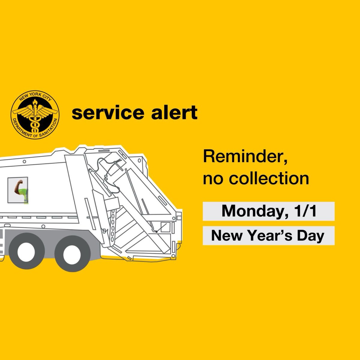 Please be advised that @NYCSanitation has announced there will be no collection on Monday, January 1, 2024. If Monday is your trash, compost, or recycling day, set out items Monday evening for pickup starting Tuesday, January 2. All items will be picked up.