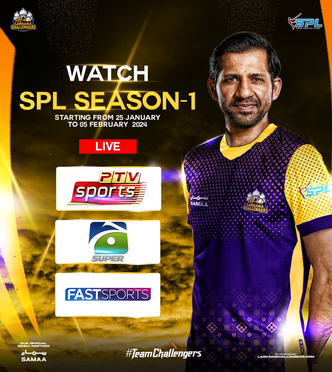 ✨WATCH #SPLSeason1 🔴 LIVE on 𝗣𝗧𝗩 𝗦𝗣𝗢𝗥𝗧𝗦, 𝗙𝗔𝗦𝗧 𝗦𝗣𝗢𝗥𝗧𝗦 & 𝗚𝗘𝗢 𝗦𝗨𝗣𝗘𝗥.
The most anticipated and ⚡electrifying cricket🏏 to start from 25th January to 5th February 2024.

 #SPL #TeamChallengers #LarkanaChallengers💜💜 #LarkanaChallengers