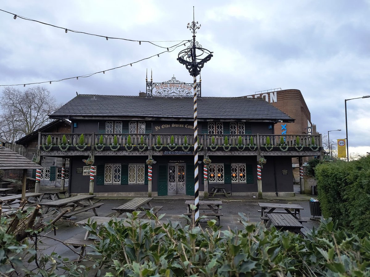 PubsSaving's tweet photo. Hearing reports that Ye Olde Swiss Cottage is closing on 2nd January. Hopefully only temporary. Lights on today. The pub seemed a bit sad and neglected on my last few visits. I hope it doesn’t close for good. The pub has great potential. #samsmiths https://t.co/HjkPZa8N2n