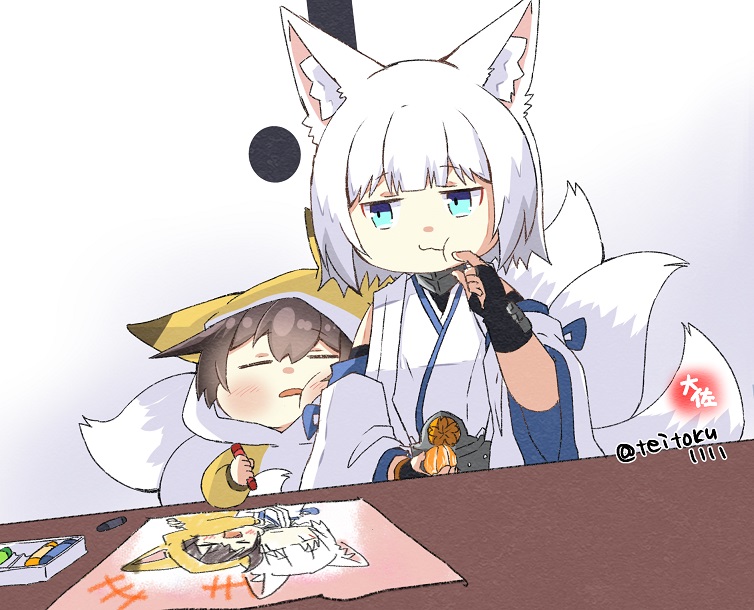 kaga (kancolle) crayon child drawing animal ears name connection multiple girls fox ears tail  illustration images