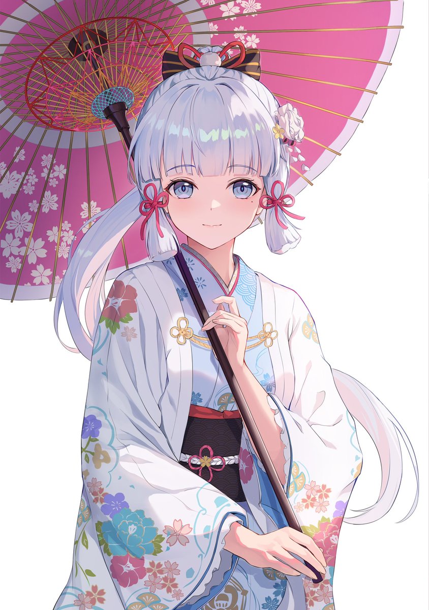 kamisato ayaka 1girl japanese clothes kimono solo umbrella blue eyes holding  illustration images