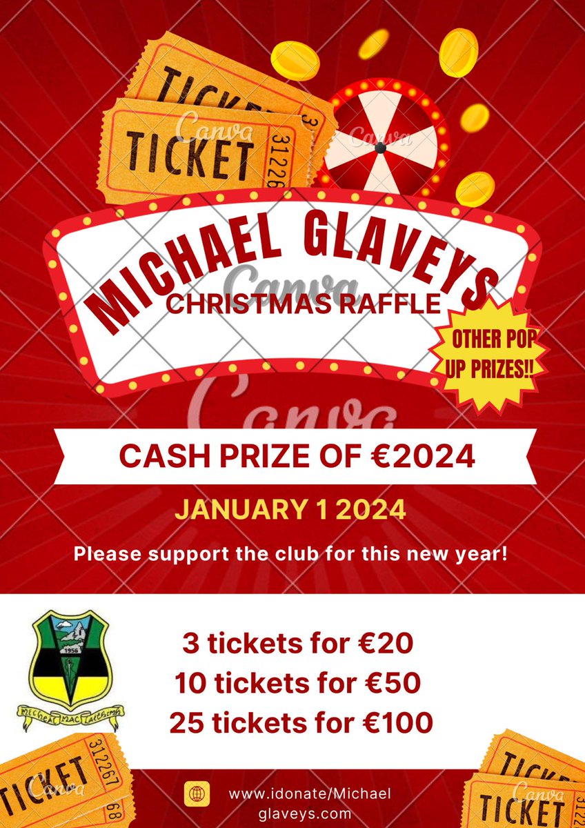 Final day........Buy your ticket before 11.00pm today to be in with a chance of winning €2,024 in 2024.🍀
Thank you to all who have purchased a Raffle ticket to support.