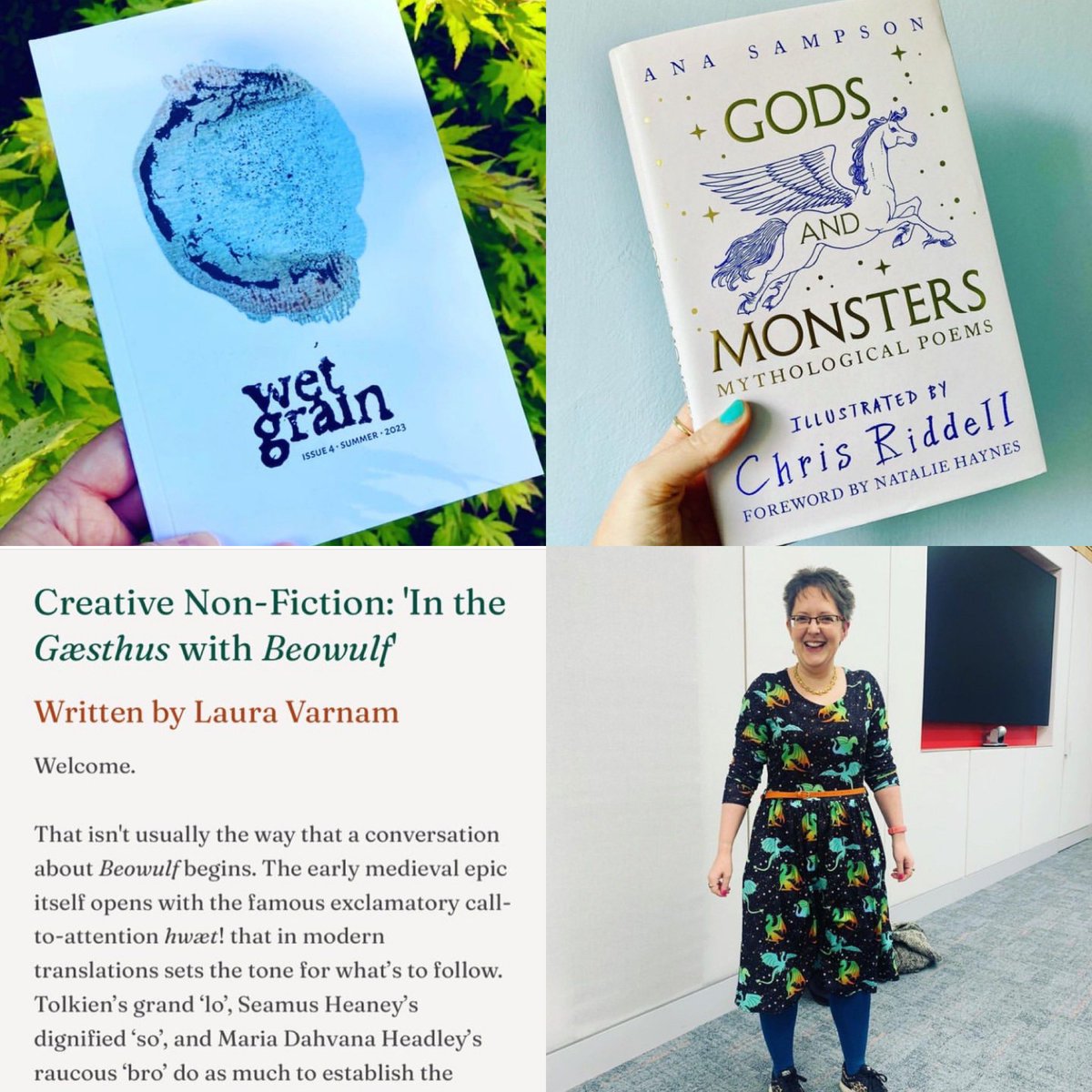 So grateful to all the editors and friends who supported my poetry this year! I was thrilled to have poems published in @WetGrainPoetry and @anabooks Gods & Monsters; a creative-critical essay in @AnnieJournal; and to perform my Beowulf poems at @TOEBI_OE and @medievalgender 🐲