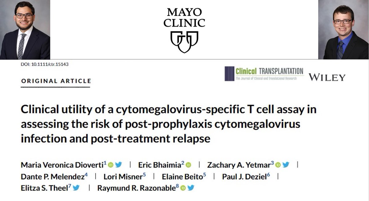 #ScholarlySunday features the collaboration of our alumni on project conducted during their fellowship training at Mayo. Utility of CMV-CMI in predicting outcomes of CMV in SOT recipients. Congratulations to Drs. Dioverti, Bhaimia, Yetmar and Melendez, and the mentorship team.