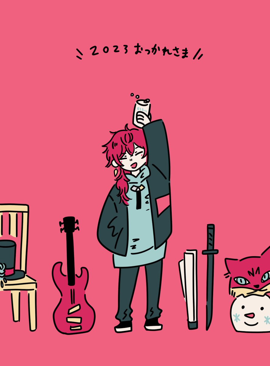 guitar red hair 1boy male focus pink background sword instrument  illustration images
