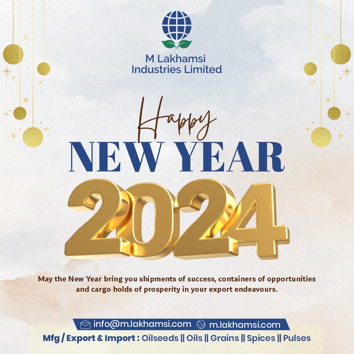 MLakhamsi's tweet photo. 🎉 May the New Year bring you shipments of success, containers of opportunities and cargo holds of prosperity in your export endeavours. 🥂✨ 
#Soyabeans #Sesame #Groundnuts #Oilseeds #Oils #Spices #Grains #Beans #Pulses #Millets #GroundnutOil #CastorOil #Peanuts https://t.co/GH4peEGBwE