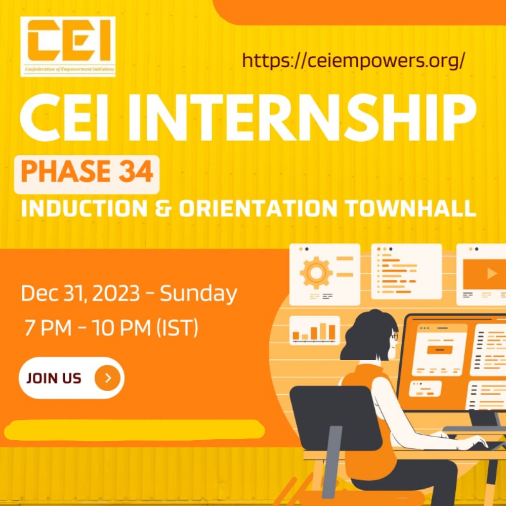 🔥 HUGE Opportunity to become Industry-Ready & Boost our CVs: Attend CEI Internship Induction & Orientation Townhall Today @ 7 PM! 🔥

Date: 31/12/2023 (Today) 
Timing: 7 PM - 10 PM (IST)

#internshipalert #careers #jobs #placementseason