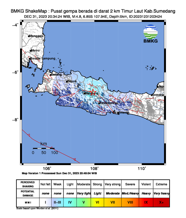 #Gempa (UPDATE) Mag:4.8, 31-Des-23 20:34:24 WIB, Lok:6.85 LS, 107.94 BT (Pusat gempa berada di darat 2 km Timur Laut Kab.Sumedang), Kedlmn:5 Km Dirasakan (MMI) III-IV Sumedang, III Lembang, II - III Subang, II-III Bandung, II Garut #BMKG