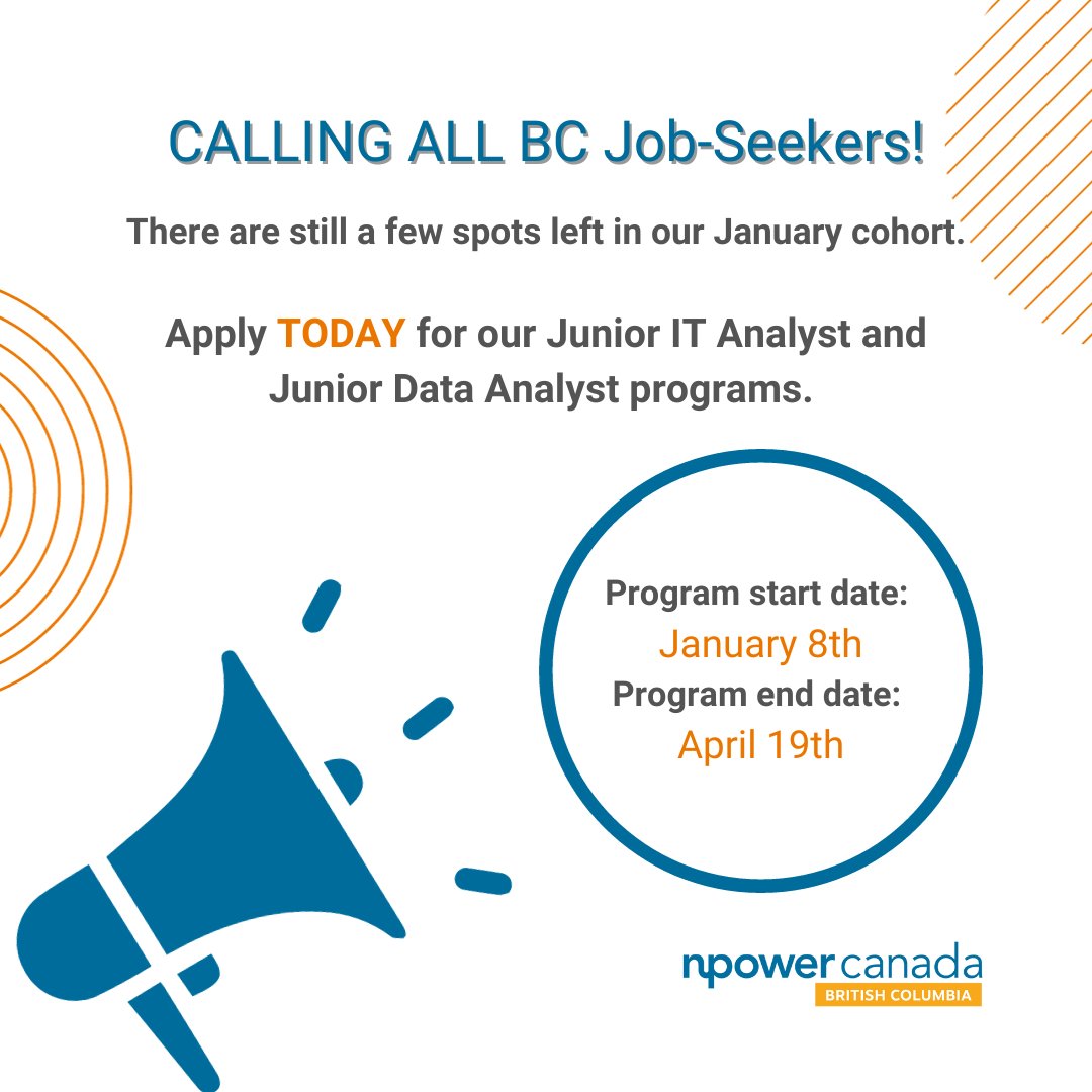 Call for Applications for our BC Job-Seekers! 🌟 There are still limited spots for our January cohorts (Jan 8th - April 19th)!🖥️💼 Start 2024 right by launching a new tech career!

Apply NOW! 🚀🔗npowercanada.ca/apply/

#BritishColumbia #tech #vancouver #surrey #career #2024