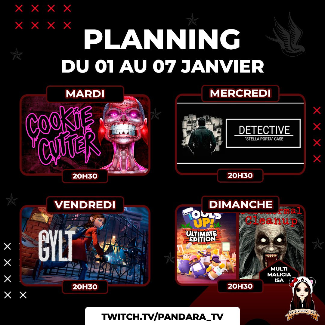 Pandara_Dark's tweet photo. Hey!
#indiegame #TwitchStreamers
⚔️Mardi: #CookieCutter
🔎Mercredi: #DetectiveStellaPortaCase
👧Vendredi: #Glyt
🔧Dimanche: #ToolsUpUltimateEdition + #ParanormalCleanUp Multi @MaliciaRoseNoir/@desisa02
Bon réveillon à tous🎊
Bonne fin 2023 on se retrouve l'an prochain💜 https://t.co/5I5aksrZvd