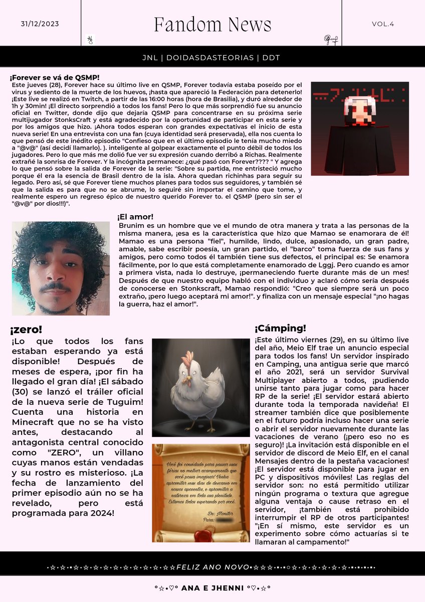 Doidasdateoria's tweet photo. Hola chicos, bien ⁉️ Cuarta edición de Fandom News 🗞️❗
El último del año👀
#qsmpforever
#mamao #brunim #zero #tuguim #meioelfo #acampamento https://t.co/RVleiTefDF