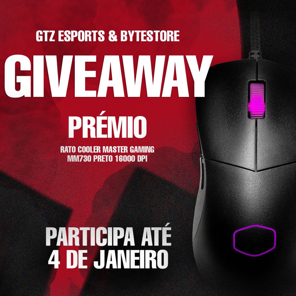 O Natal já acabou, mas temos uma surpresa para ti antes do final do ano! Até 4 de Janeiro, habilita-te a ganhar um rato óptico Cooler Master com 16k DPI:

👉Seguir no X <a href="/bytestorept/">Bytestore</a> <a href="/GTZEsports/">GTZ Esports</a>
👉Re-post e identificar 5 amigos nos comentários.

Participa e entra a ganhar em 2024!