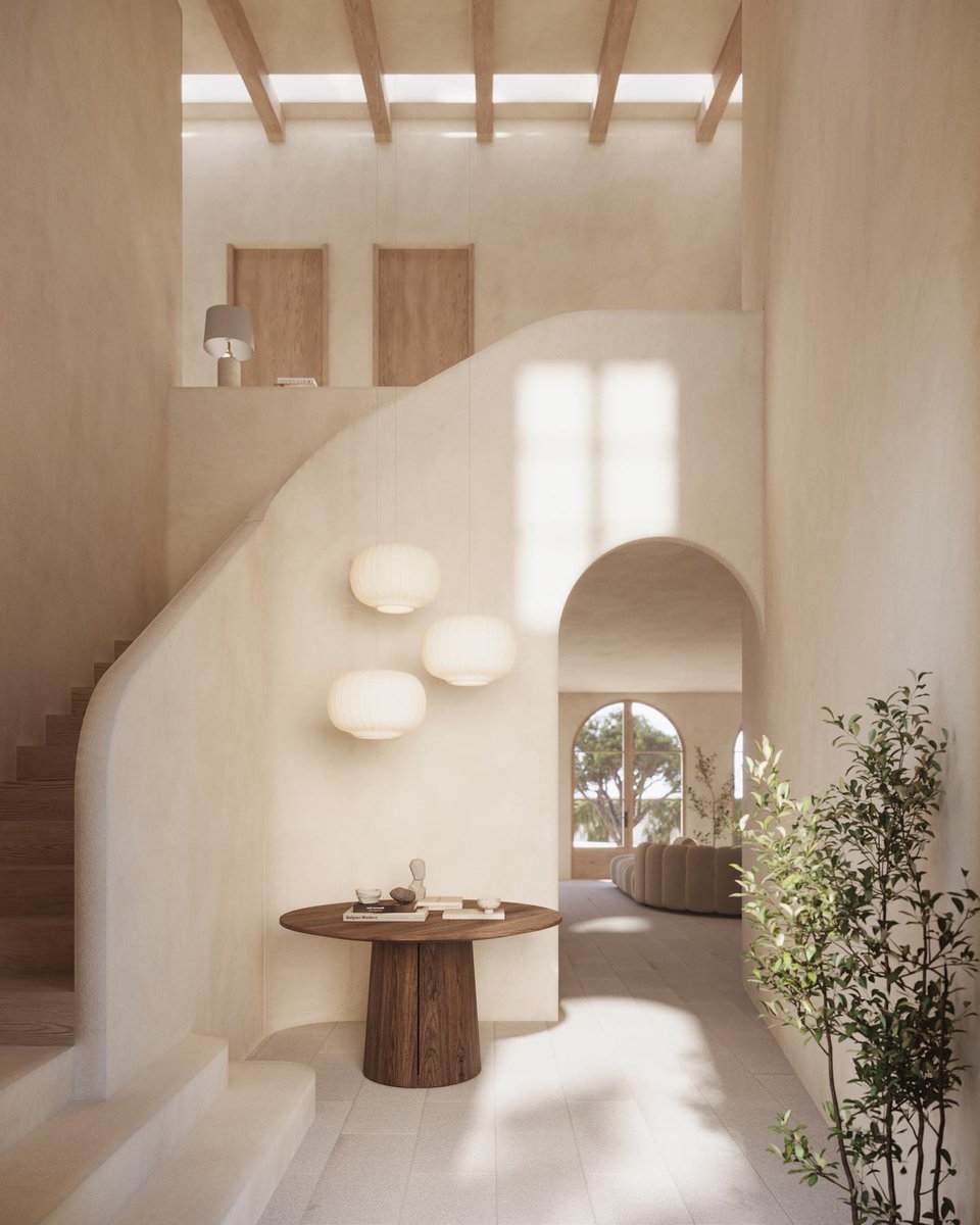 SpradSocial's tweet photo. This incredible space from @maandpartners is a prime example of the beauty inherent in natural design. Fresh greenery, an arched doorway, and rounded edges create softness in the space, while natural lighting from the skylight infuses the stairwell with warmth. https://t.co/661tDWQOyn