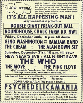 pinkfloyd's tweet photo. Concluding 1966, Pink Floyd played this "all night rave" (which also featured “psychedelic psounds" played by the DJ between acts), making much more of an impression on the audience than The Who, whose "half-hearted" set didn't go down well according to newspaper reports at the time.