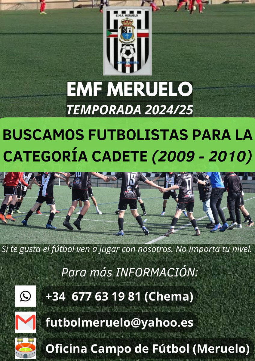 ⚽🔍 Desde la @emf_meruelo buscamos futbolistas para la categoría CADETE (nacidos en los años 2009-2010 ◾ 🛠 Desde ya nos ponemos a trabajar pensando en la temporada que viene. ◾ 📝 Para más INFORMACIÓN: 📳 +34 677 63 19 81 (Chema) 📧 futbolmeruelo@yahoo.es