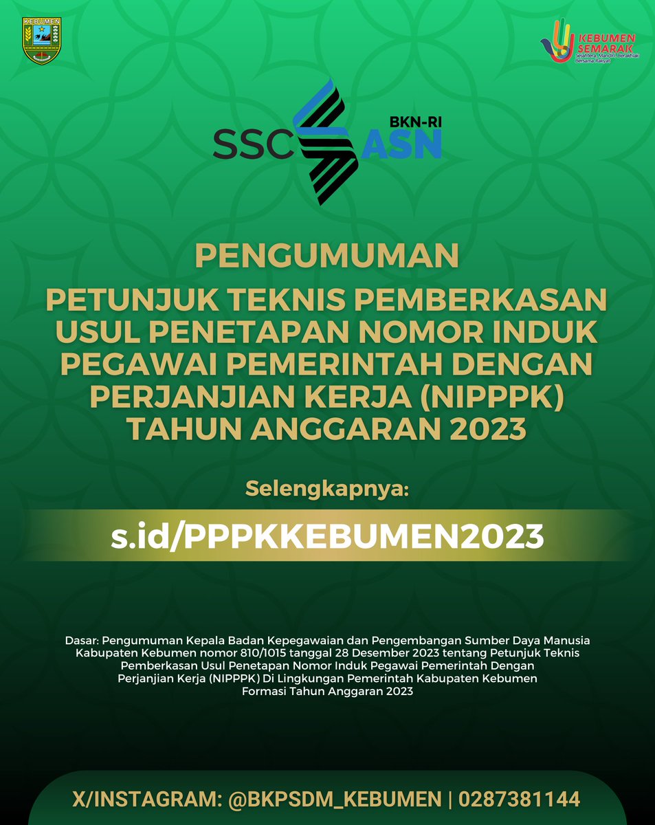 Pengumuman Petunjuk Teknis Pemberkasan Usul Penetapan Nomor Induk Pegawai Pemerintah Dengan Perjanjian Kerja (NIPPPK) Formasi Tahun Anggaran 2023
Sumber : kepegawaian.kebumenkab.go.id/index.php/web/…