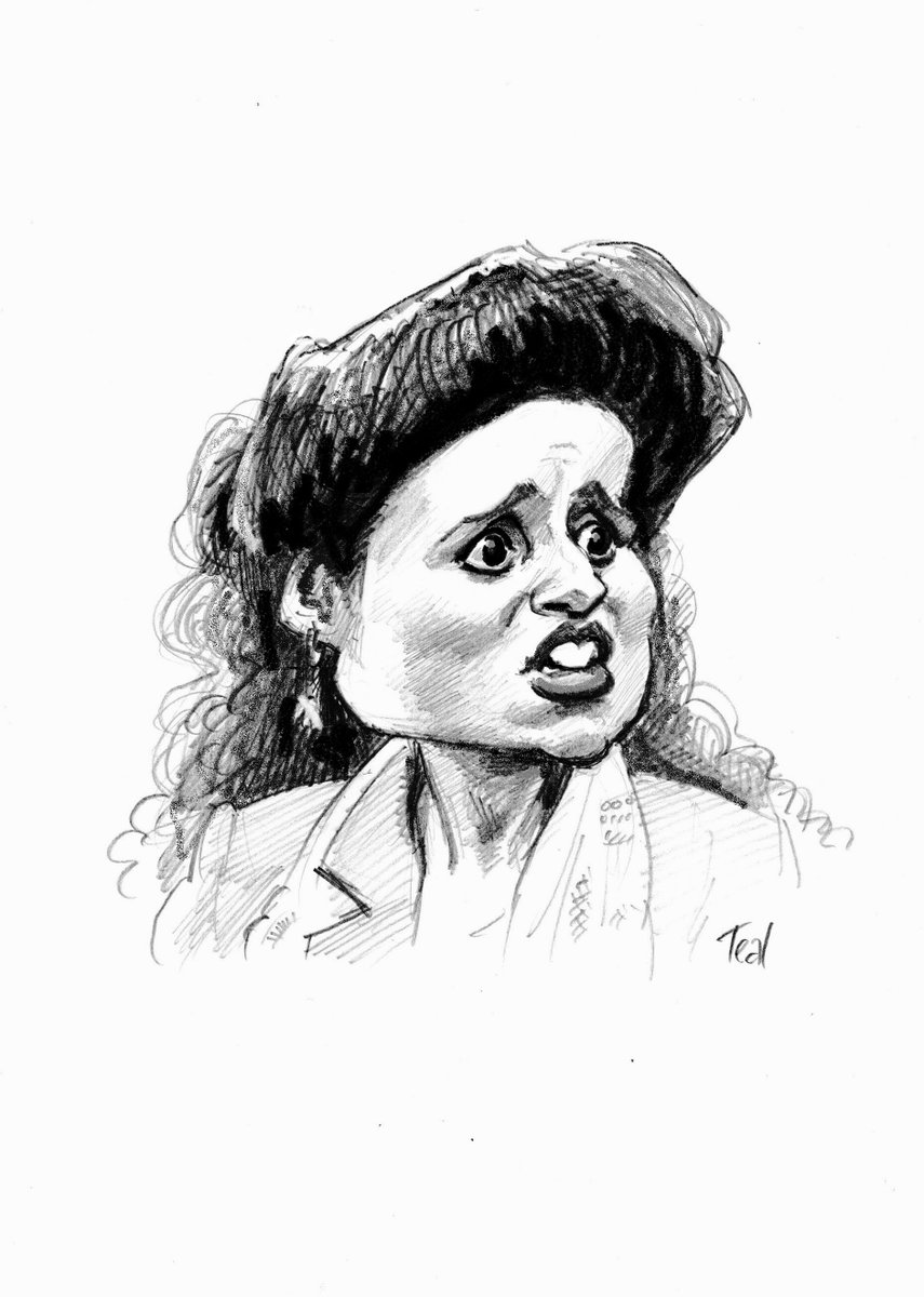 Given the enthusiasm for the Kramer painting, I'm going to #caricature the three remaining Seinfeld leads, and then I'll likely offer limited-edition prints for purchase. So, to be going on with, here's a quick study of Elaine...