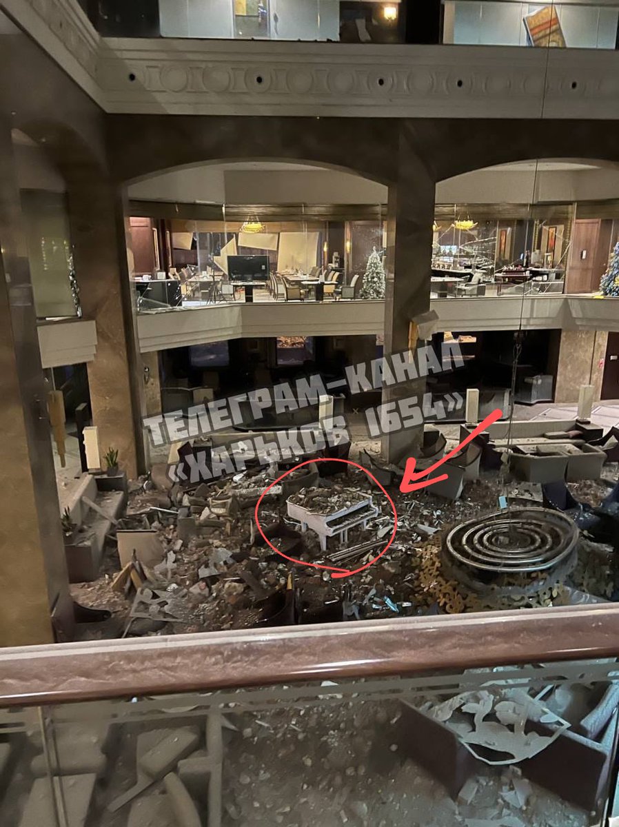 AlexOkrushko's tweet photo. Another day and another attack from Russia onto the beautiful city where I grew up - Kharkiv, Ukraine.

This time they destroyed the Kharkiv Palace Hotel, where @ngtalks_ua Angular conference was hosting their speakers.

You can see the same piano that @fmalcher01 played. https://t.co/Kjd7ieoAcA