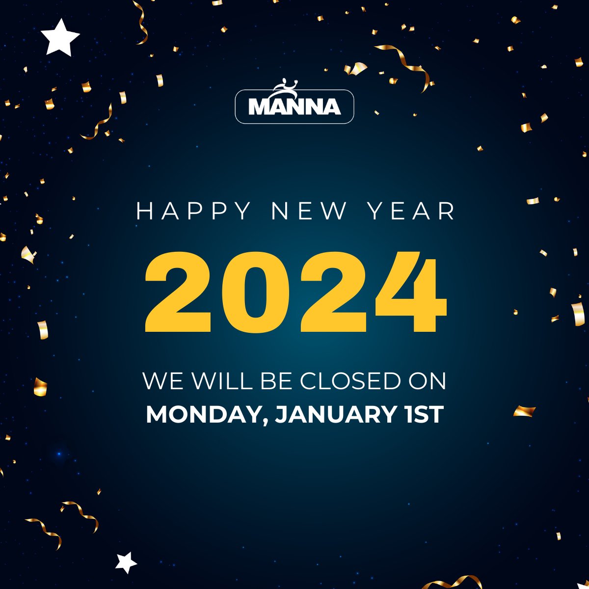 Wishing all of you a Happy New Year! Thank you to all our incredible volunteers, donors, and staff members who made 2023 the year of our 22 millionth meal! MANNA will be closed on Monday, 1/1/24 in observance of the New Year. Normal business hours will resume Tuesday, 1/2/24.