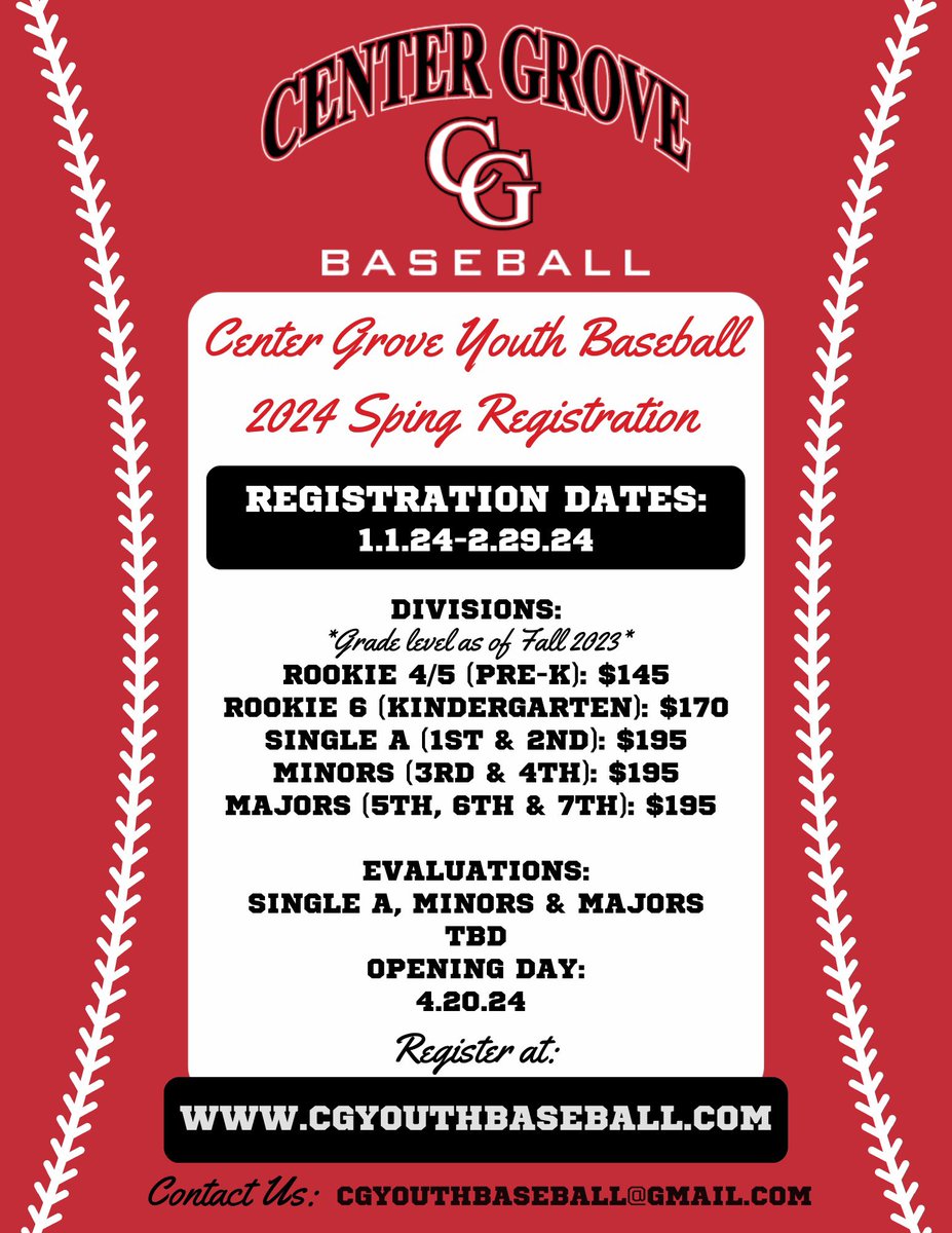 Registration for the 2024 season opens TOMORROW  Monday, January 1, 2024. Check out our website at cgyouthbaseball.com for more information or email us at cgyouthbaseball@gmail.com with any other questions leading up to registration. 

FAQ PAGE:
cgyouthbaseball.com/Default.aspx?t…