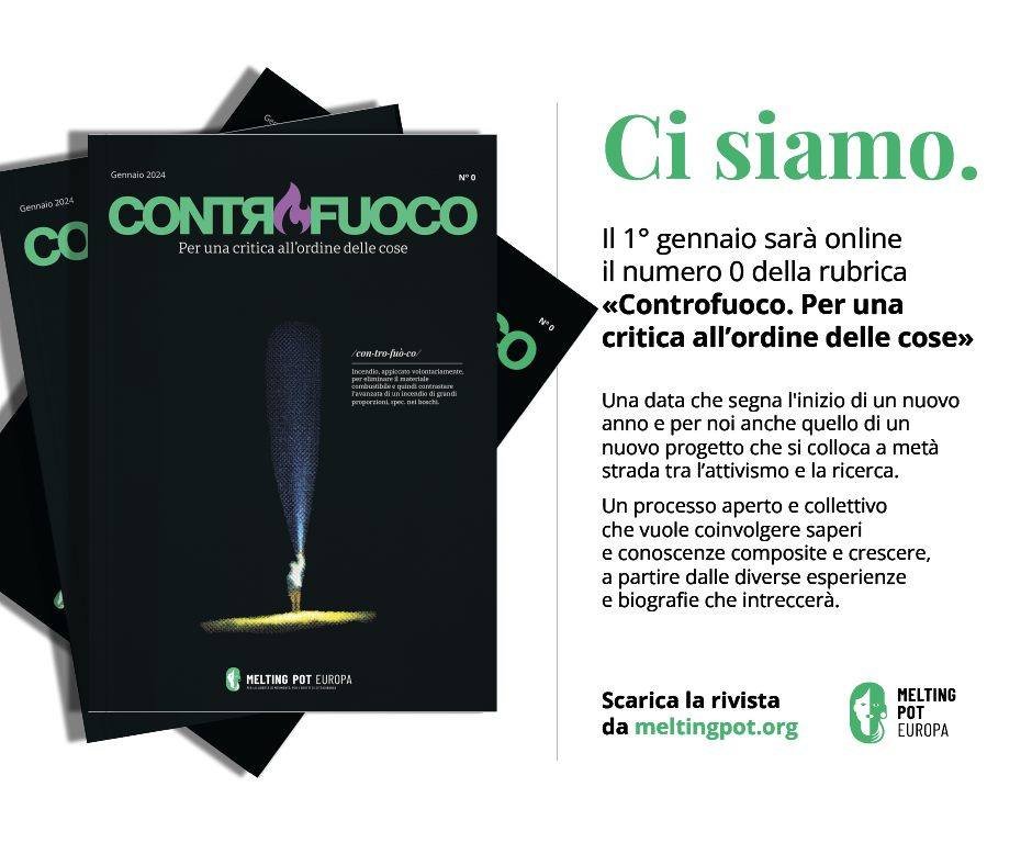 Ci siamo. Il 1° gennaio alle ore 15 sarà online il numero 0 della rubrica «Controfuoco. Per una critica all’ordine delle cose» di <a href="/MeltingPotEU/">Melting Pot Europa</a> 

Inizia un nuovo progetto che unisce attivismo e #ricerca, concentrato soprattutto sulla critica del governo delle #migrazioni.

#anno