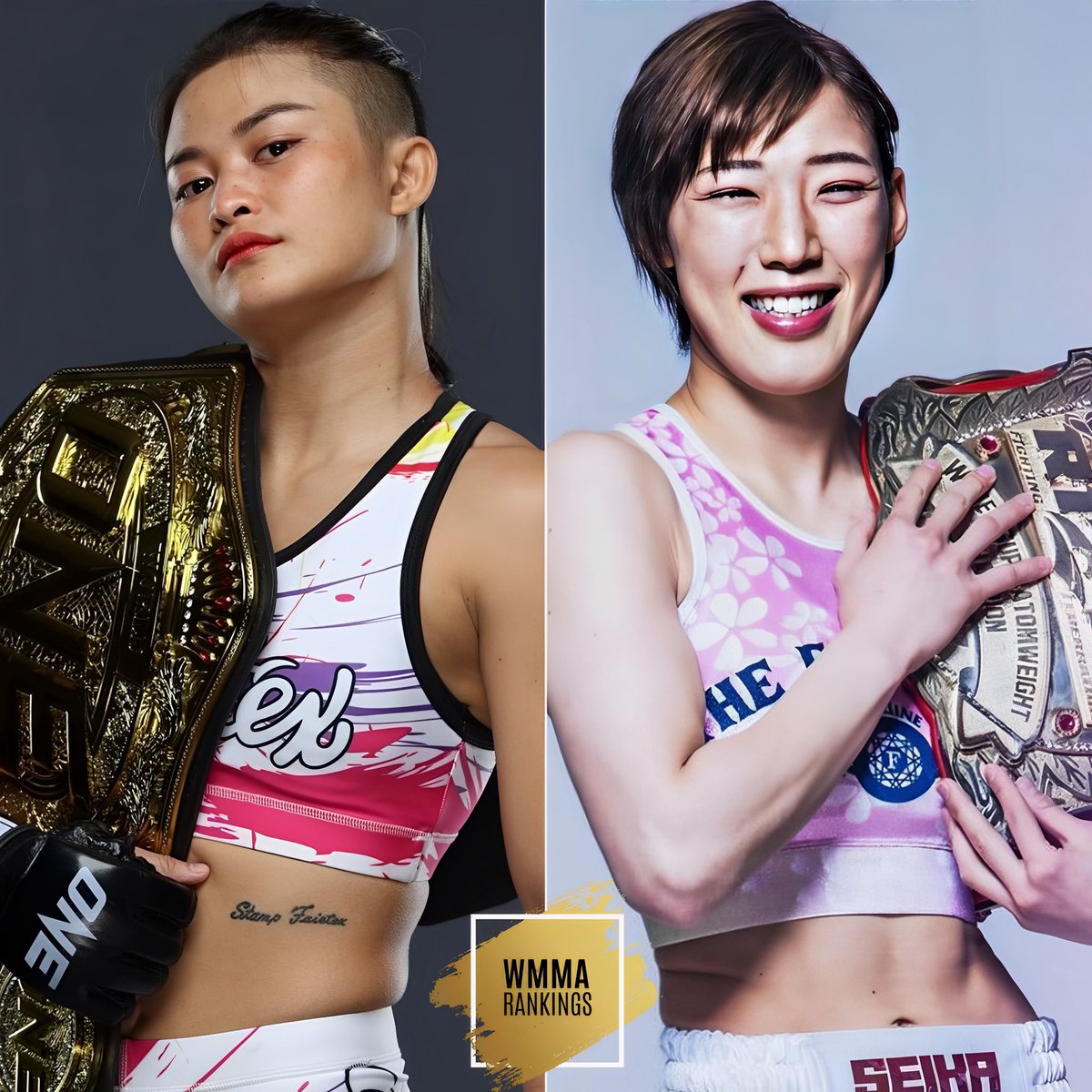 WMMARankings's tweet photo. #WMMADebate Two VIOLENT champs. Who is the best atomweight fighter in the world?

Is it ONE’s 🇹🇭 Stamp Fairtex, who’s been brutally KO’ing her opponents? Or is it RIZIN’s 🇯🇵 Seika Izawa who’s been tapping out her foes? Share your thoughts below! #WMMA #ONEFC #RIZIN #Atomweights https://t.co/nP10reBPha